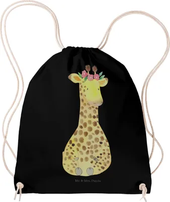Produktbild von Mr. & Mrs. Panda Jutebeutel Giraffe Blumenkranz - Schwarz - Geschenk, Beutel, Selbstliebe, Abenteurer, Afrika, Freundin, Turnbeutel, Säckchen, wander rucksack
