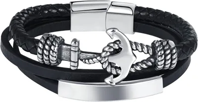 Productafbeelding van Leren armband voor heren, gevlochten, 20 cm, met ankerdesign, magnetische sluiting