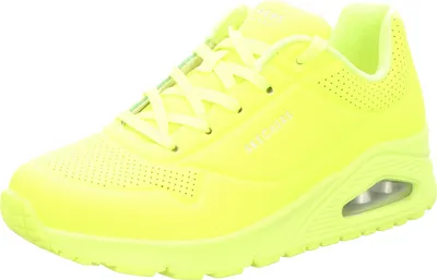 A bright yellow Skechers sneaker is shown from a side angle against a white background.
