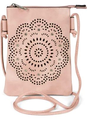 Produktbild von styleBREAKER Damen Mini Umhängetasche mit Blumen Lasercut Cutout Muster und Strass | kleine Crossbody Bag Schultertasche Handytasche 14,5 x 19 cm