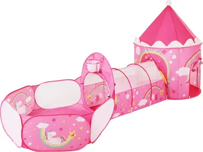 Produktbild von 3-in-1 Spielzelt, Pop-up, mit Tunnel, Bällebad, Basketballkorb, für Kinder, für drinnen und draußen, mit Einhorn/Prinzessinnen-Motiv in Rosa