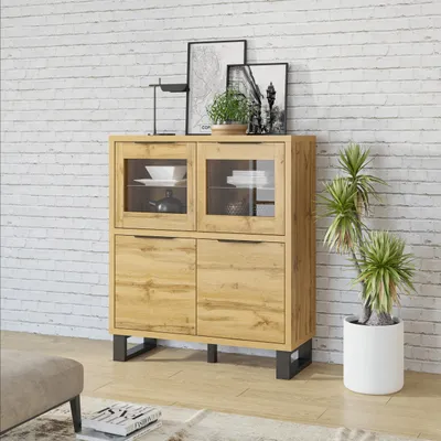 Produktbild von Masseno Kommode HALENZA 120 cm Highboard und 4 Türen für Wohnzimmer Schlafzimmer Modern 120x45x140 cm Eiche Wotan / Eiche Wotan