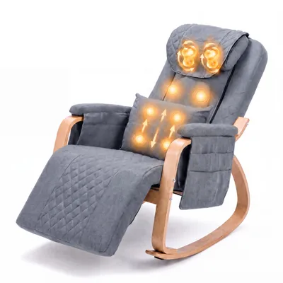 Produktbild von CRELIV Schaukelsessel mit Massagefunktion, Relaxsessel mit verstellbarer Fußstütze, Kopfstütze & Lendenkissen, Buchenholzrahmen, Grau
