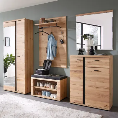Produktbild von Garderoben-Set 5-teilig mit Garderobenbank und Spiegel, braun, Esche massiv, SARINA-36