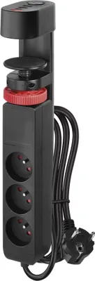 Prodlužovací kabel 1,5 m/3 zásuvky/vypínač/uchycení na stůl/USB/černý/PVC/1,5 mm2 