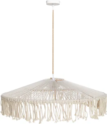 A hanging lamp with a macrame shade and fringe detail, suspended from a white ceiling mount by a braided cord.