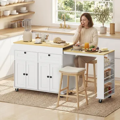 Produktbild von Kücheninsel auf Rollen mit ausziehbarer Arbeitsplatte Moderner Küchenwagen Weiß Eiche-Optik Servierwagen mit 2 Schubladen & 4 Türen Anrichte 127,2-189,2x46x91 cm