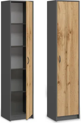 Two views of a tall, narrow cabinet against a white background. The left view shows the cabinet open, revealing shelves. The right view shows the cabinet closed.