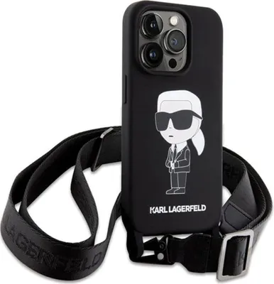 A black iPhone case with a Karl Lagerfeld cartoon character and a black crossbody strap.
