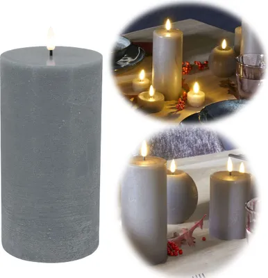 Produktbild von LS-LebenStil LED 3D Stumpenkerze Ribe Grau 20x10cm Echtwachs flackernde flammenlose Kerze Blockkerze optional mit Fernbedienung und Timer
