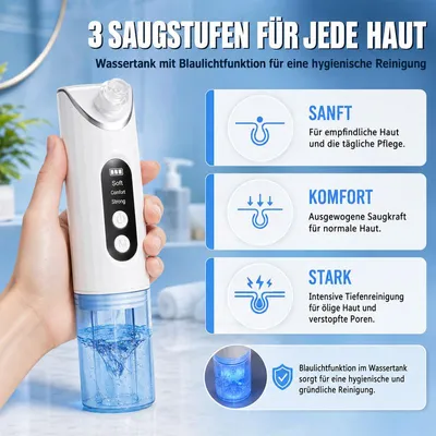 Produktbild von Mitesserentferner als Porensauger – 3 Saugstufen, 6 Aufsätze – Mit Wasser-Sauerstoff-Tiefenreinigung, Blaulicht und Hydratation – USB-Gesichtsreiniger gegen Pickel und Unreinheiten