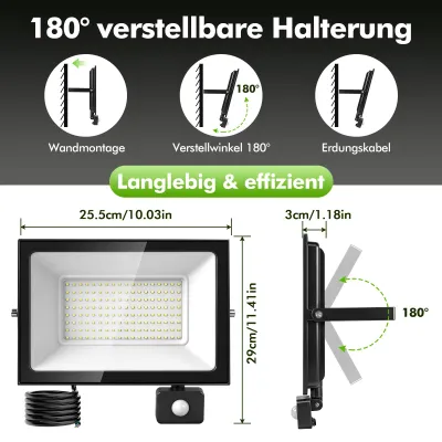 Obrázek produktu pro LED reflektor – venkovní osvětlení – 150 W – balení 2 kusů – s detektorem pohybu – 6500 K (studená bílá) – vodotěsný – pro zahradu a terasu
