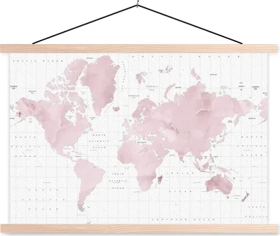 Produktbild von MuchoWow® Textilposter Weltkarte - Rosa - Marmor 120x80 cm mit holzfarbenen Rahmen - Aufhängeset