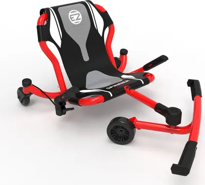 A red and black EzyRoller Spinner X children's ride-on toy is shown against a white background.
