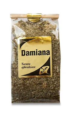 A clear, well-lit studio shot of a bag of dried Damiana leaves.