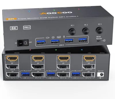 Zdjęcie produktu dla Przełącznik KVM obsługujący 3 komputery i 3 monitory, z obsługą rozdzielczości 4K przy 144 Hz oraz 8K przy 60 Hz