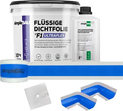 Produktbild von SimpleBau Flüssigfolie Dichtfolie F1 Ultraflex 10 kg + Tiefengrund 1 L und Elastisches Dichtband 10M + 2 Innenecken + 1 Wandmanschetten