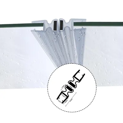 A close-up view of a shower door seal with a diagram showing its dimensions.