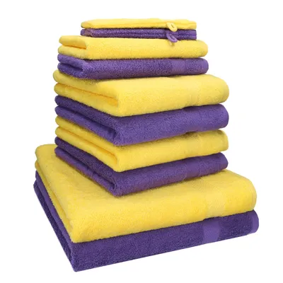 Produktbild von Betz 10-tlg. Handtuch-Set PREMIUM 2 Duschtücher 4 Handtücher 2 Gästetücher 2 Waschhandschuhe  Farbe:  gelb & lila