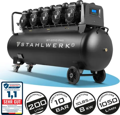 Produktbild von STAHLWERK Kompressor 200 L Tank - ölfrei & leise | 10 bar | 10,8 PS | 8 kW | 1050 l/min | Druckluftkompressor mit Brushless-Motoren, Flüsterkompressor