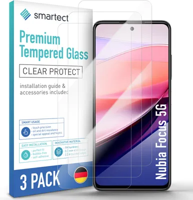 A product package for screen protectors for a Nubia Focus 5G phone, with a phone displaying a screen protector shown next to it.