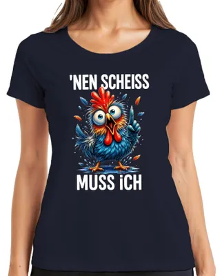 Productafbeelding van "Grappig shirt met de tekst 'Lustig Huhn Hahn Verrückt', sarcastisch statement, voor dames, marineblauw, maat S."