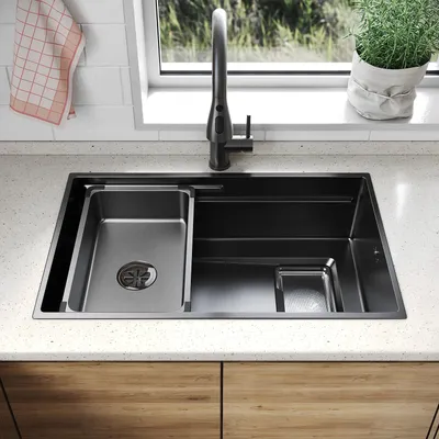 Produktbild von SONNI Schmalrandiges quadratisches Spülbecken 70 x 44 x 22,4 cm, Schwarz, mit rechteckigem Sieb , Abflussbecken, Wasserhahn