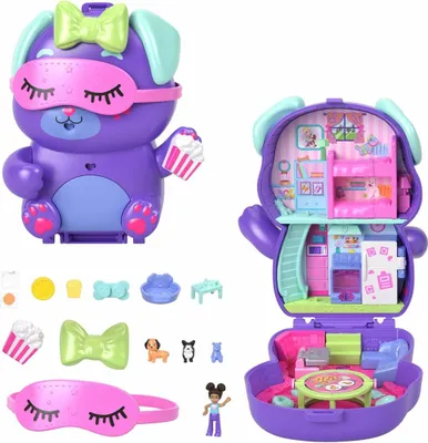 Produktbild von Polly Pocket Übernachtungsparty-Welpen-Spielset mit 1 kleinen Puppe und zwei Hündchen, Spielzeug für unterwegs mit Zubehör für Mode und Essen, Tier, 4 Jahr(e), Mehrfarbig, Kunststoff