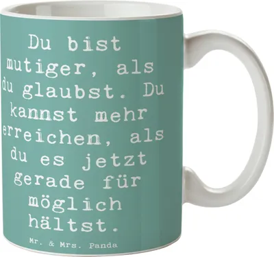 Produktbild von Mr. & Mrs. Panda Kaffeebecher Spruch Mut und Tapferkeit - Meeresbrise - Geschenk, Courage, Inspiration, innere Stärke, Teebecher, Tasse, Zitat, Becher, Pott, Gefühl