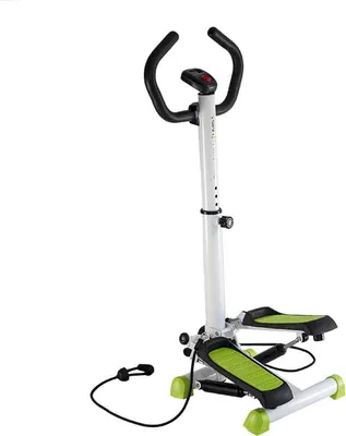 A white and green diagonal stepper machine with handlebars and resistance bands, isolated on a white background.