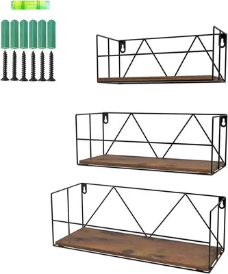 Produktbild von Famanu Wandregal Set aus 3, rustikales Holz und Metall, schwimmende Regale für Badezimmer oder Wohnzimmer