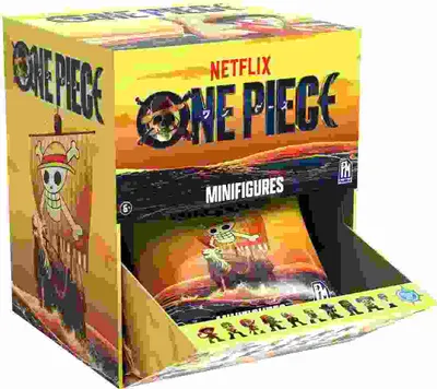 A display box of One Piece minifigures, with the front flap open to reveal some of the packaging and a row of small figures at the bottom.