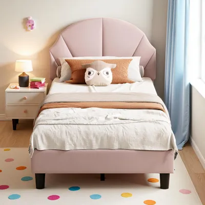Obrázok produktu pre Detská postel INONEFT 90x190 cm, postel s čalúneným čelom "princezná", s nastaviteľnou výškou čela, jednolôžková posteľ pre dievčatá, materiál: zamat, bez matraca, farba: ružová