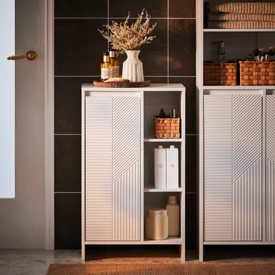 Produktbild von SoBuy BZR156-W Wäscheschrank Badkommode Badschrank mit Wäschesack Badregal Badezimmerschrank Badezimmermöbel Weiß BHT ca. 50x86x30cm