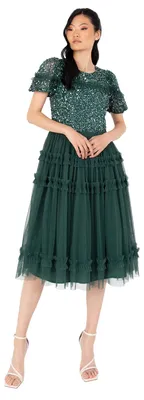 Produktbild von Maya Deluxe Damen Midikleid, Damenmodell mit Pailettenbesatz, kurze Ärmel und Rüschen