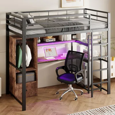 Produktbild von Hochbett mit LED-Lichtleiste, Schreibtisch, Schublade, Regalen & Sicherheitsgeländer, Treppe, ohne Matratze, Metall+MDF, Schwarz, 90x200cm
