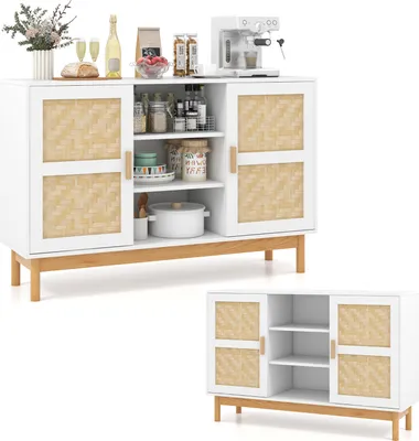A white sideboard with woven bamboo doors and wooden legs, displayed against a white background. The top surface is decorated with a bottle of wine, glasses, bread, a bowl of fruit, jars of food, and an espresso machine. A smaller, separate image of the sa