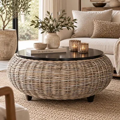 Productafbeelding van Ronde salontafel Ø 102 cm – Kubu Grey rotan – woonkamertafel van rotan en mahoniehout – SIENA