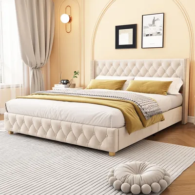 A bedroom scene with a bed as the main focus.
