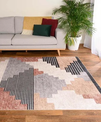 Immagine prodotto di Tappeto retrò moderno Unyqoos®, lavabile, color marrone, 240x340 cm – Poliestere, con rivestimento antiscivolo, finitura opaca
