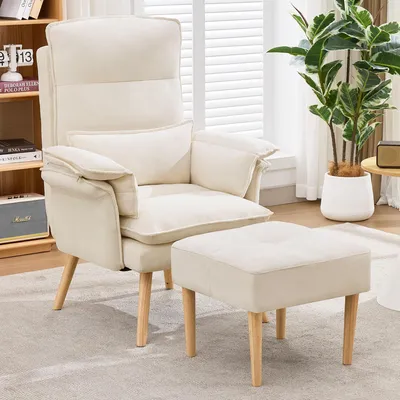 Produktbild von STILVORA Relaxsessel Beige mit Hocker und 5-fach verstellbarer Liegefunktion, Lesesessel mit Kopf- und Armlehnenkissen, Fernsehsessel gepolstert mit Holzbeinen