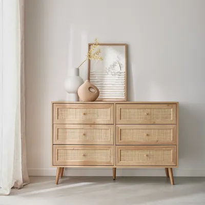 Produktbild von sweeek - Kommode mit Holzlook, Rohrgeflecht und 6 Schubladen - Natur