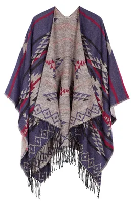 Productafbeelding van Boho-poncho voor dames met franjes, in de kleur blauw