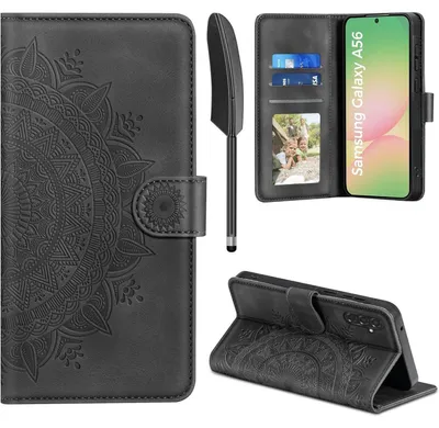 Produktbild von Handyhülle Flip Wallet für Samsung Galaxy A56 5G, Kunstleder, Schwarz, mit Kartenfach, Magnetverschluss, Standfunktion