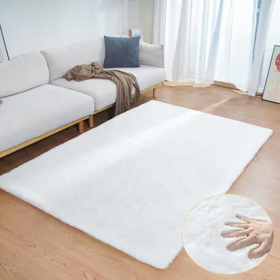 Image de Tapis pour salon, lavable, blanc, 120x180 cm, imitation fourrure, duveteux, rectangulaire