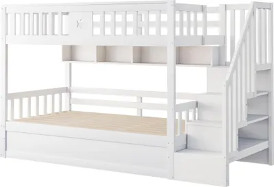 Image de Lit superposé, lit à deux étages, lit escamotable hydraulique, espace de rangement, étagères, échelle d'accès, échelle de sécurité, bois massif, 90 x 200 cm, blanc