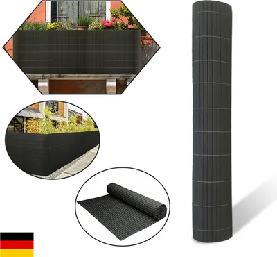 Collage of images showing a dark grey PVC privacy screen used on a balcony and a rolled-up privacy screen.