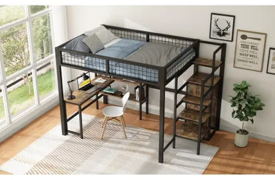 Immagine prodotto di Letto a soppalco - Letto a castello - Letto a mezza altezza - Struttura del letto - Letto con scrivania - 140x200 cm - Metallo e MDF