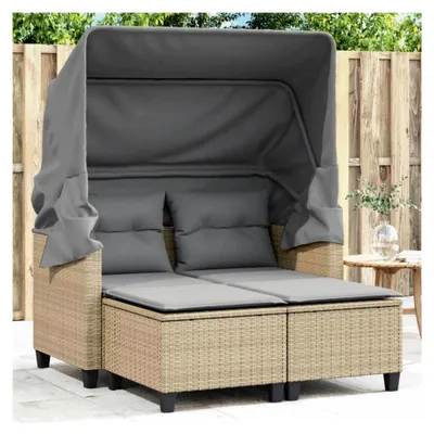 Produktbild von Gartensofa mit Dach und Hockern, 2-Sitzer, Gartenlounge, Sonnenliege, Gartenmöbel, Terrassenmöbel, Beige Poly Rattan