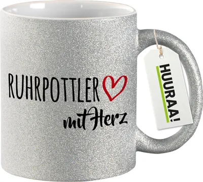 Produktbild von Huuraa Glitzertasse Ruhrpottler mit Herz 330ml Silber Keramik Kaffeebecher Geschenkidee